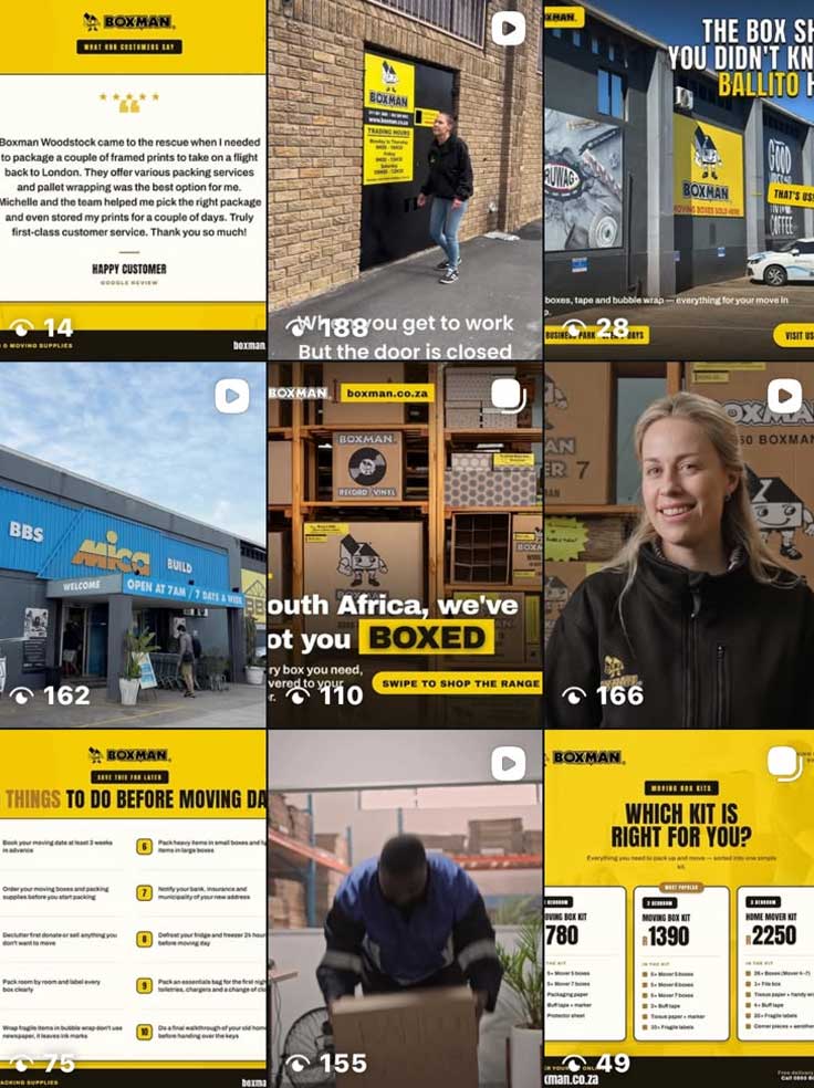 Social media content grid created by Pixly Media for Boxman Ballito